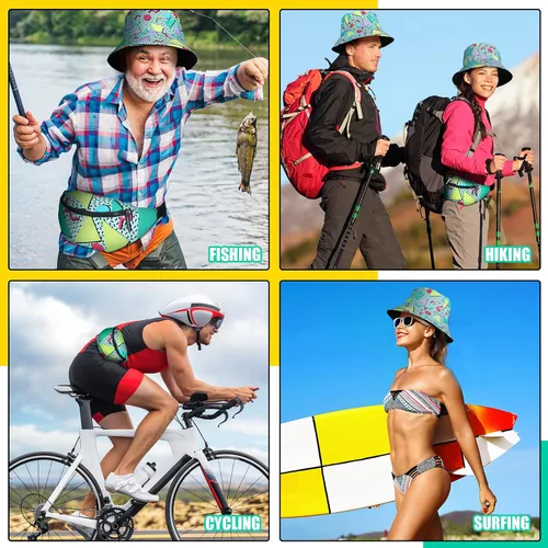 Vista 6 de Juego de 2 sombreros de cubo de los años 80 y 90 para hombres y mujeres, paquete de cintura de neón para fiestas deportivas, como se muestra
