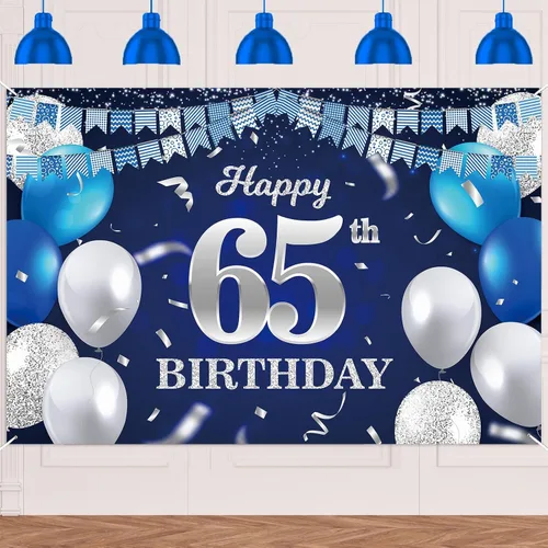 Vista 58 de Bandera de feliz primer cumpleaños con fondo azul marino, globos, confeti, bandera de rayas, luces de puntos, felicitaciones por el tema de 1 año