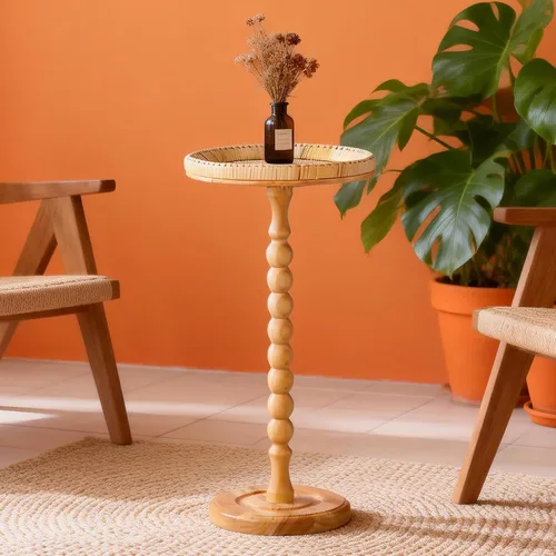 Vista 10 de Mesa auxiliar redonda de ratán pequeña para espacios pequeños, mesa auxiliar circular bohemia con patas de madera maciza para sala de estar, mesa