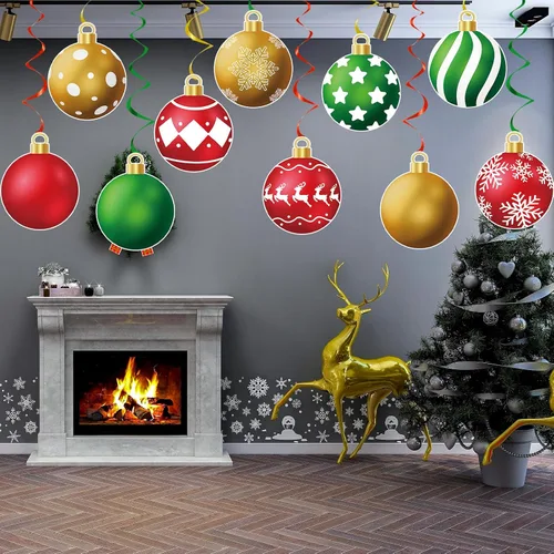 Vista 7 de YQUQWN 48 piezas de adornos colgantes de Navidad en espiral - Bolas de alce con copos de nieve en rojo, verde y dorado para fiestas navideñas, árbol