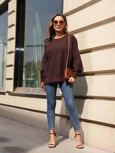 Vista 4 de VNIRA Sudadera de gran tamaño para mujer, cuello redondo, manga larga, casual, vintage, sudadera sin botones