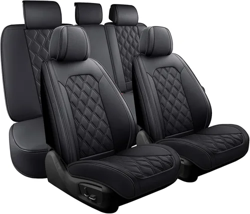 Vista 9 de Juego completo de 5 fundas de asiento de automóvil, fundas de asiento impermeables de cuero para autos, SUV, camiones, transpirables