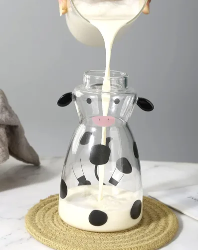 Vista 4 de Vaso de cristal transparente con tapa y pajita de dibujos animados de vaca