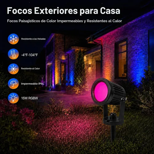 Vista 5 de Luces para exteriores, focos de 15 W para exteriores con enchufe de EE. UU. y control remoto, focos de paisaje de control de aplicación de 12 V 2