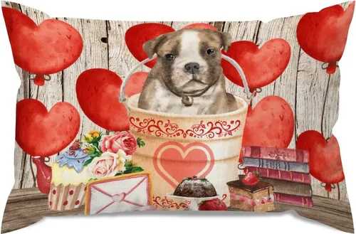 Vista 36 de Fundas de almohada lumbar con textura de madera rústica para perro en cubo, diseño de corazón rojo para el día de San Valentín, fundas de almohada