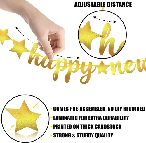 Vista 5 de KatchOn, Pancarta de Feliz Año Nuevo de Oro Brillante - 3.05 metros, Pre - Enhebrado Telón de Fondo de Feliz Año Nuevo para Decoraciones de Año