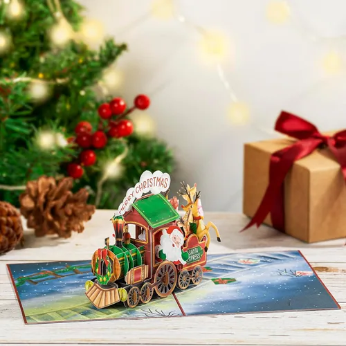 Vista 4 de POPWOW Tarjetas desplegables de tren de Navidad, Papá Noel, reno, tarjeta de felicitación de Navidad 3D, hermoso regalo para niños, marido, esposa