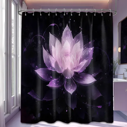 Vista 65 de Cortina de ducha con flores de loto negro y azul para decoración de baño, juego de cortinas decorativas de baño con estampado floral, tela