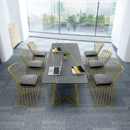 Vista 3 de Mesa rectangular de mármol con pedestal doble, mesa de comedor de dos colores con piedra sinterizada
