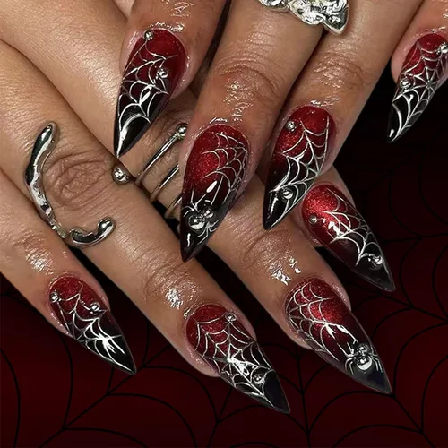 Vista 11 de RIICFDD - Uñas largas a presión con forma de almendra, punta de uñas con lazo grande, color rosa nude, con dijes de lazo negro, uñas postizas