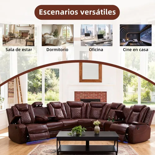 Vista 6 de Sofá Seccional Reclinable Eléctrico de Cuero Blanco Crema, Mueble Sala Cine en Casa con Iluminación LED, Consola Almacenamiento, Portavasos y Carga