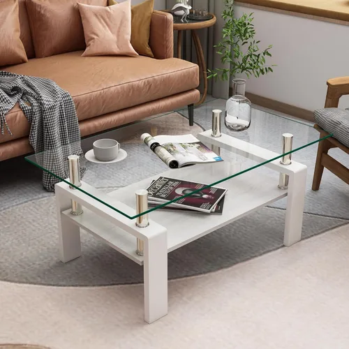 Vista 13 de Mesa de centro rectangular de vidrio para sala de estar, con mesa de vidrio templado y capa de MDF, para sala de estar y oficina