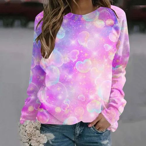Vista 4 de Camisas con estampado de corazón para mujer, regalos de San Valentín, ajuste holgado, casual, teñido anudado, tops de manga larga