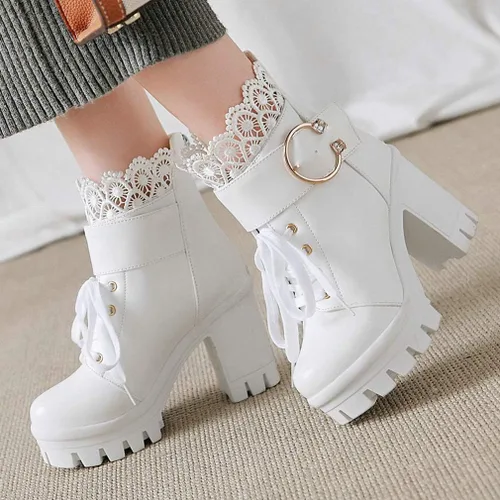 Vista 4 de LUXMAX Botines de tacón de bloque para mujer, con cordones, plataforma gruesa, bonitos botines cortos
