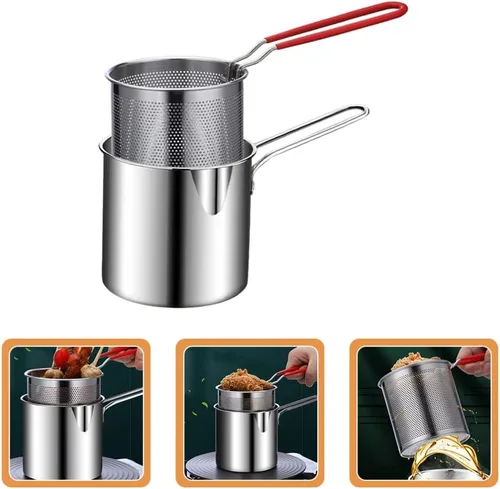 Vista 3 de 1 juego de olla profunda de acero inoxidable con cesta para freír olla de cocina de acero inoxidable para calentamiento rápido, diseño ergonómico