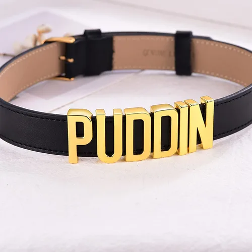 Vista 3 de U7 Gargantilla de cuero negro personalizada con nombres iniciales chapados en platino y oro de 18 quilates, joyería punk personalizada para cosplay
