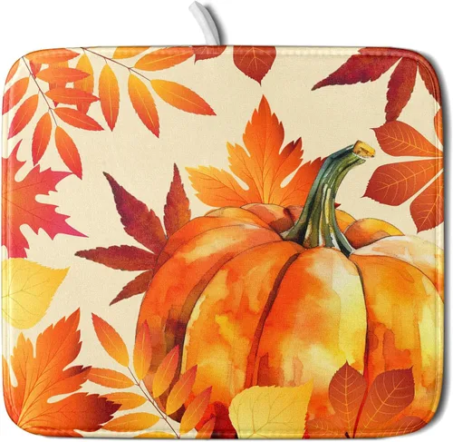 Vista 43 de Tapete de Secado de Platos de Florero de Girasoles Otoñales para Encimera de Cocina, Tapete de Secado de Hojas de Arce y Calabaza Otoñal de 16 x 18