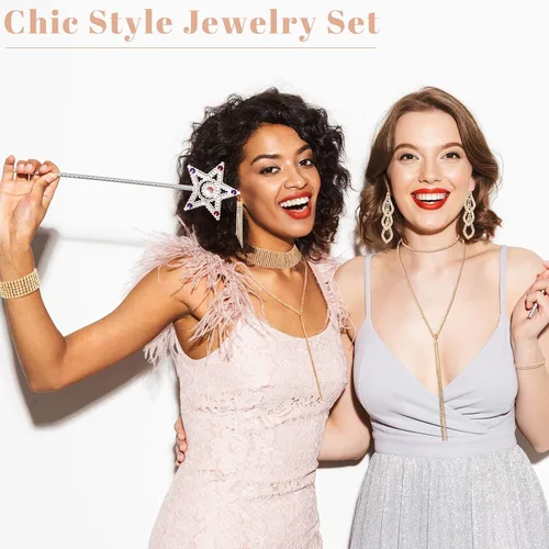 Vista 2 de MTLEE Juego de 6 piezas de joyería de cristal para mujer, gargantilla con capas de diamantes de imitación, collares largos con borlas, pulseras