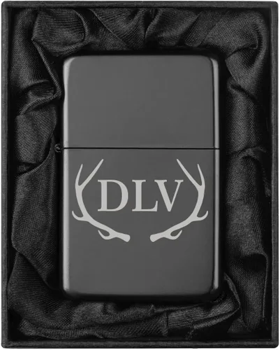 Vista 22 de Encendedor personalizado grabado en caja de regalo forrada en seda negra (Monograma circular 2, negro)