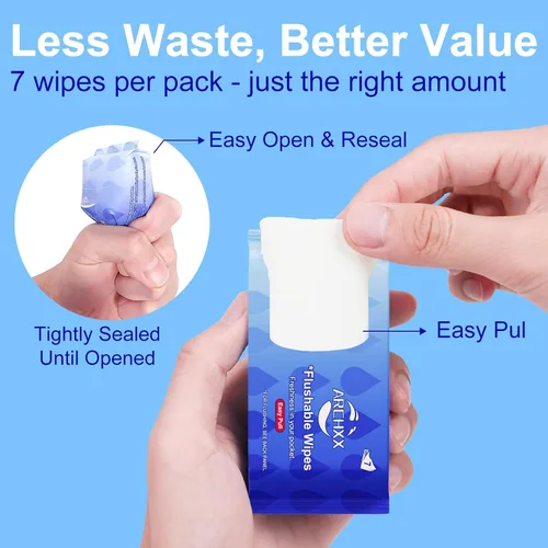 Vista 4 de ARCHXX Toallitas desechables de viaje, 16 paquetes de viaje (112 unidades), paquete económico, 99% de agua con aloe y manzanilla, sin perfume e