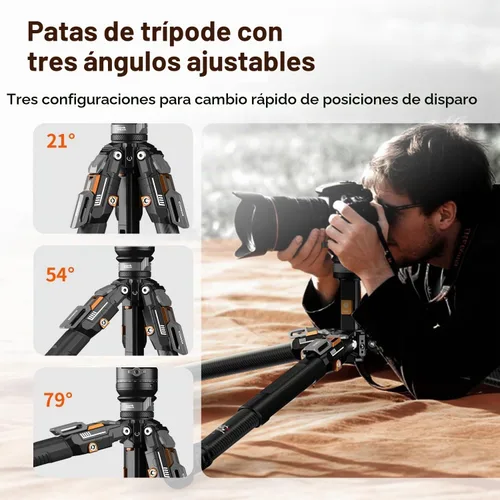 Vista 4 de COMAN T1SV5 Trípode de fibra de carbono con liberación de una sola presión, trípode profesional ajustable de 63 pulgadas para cámara, trípode