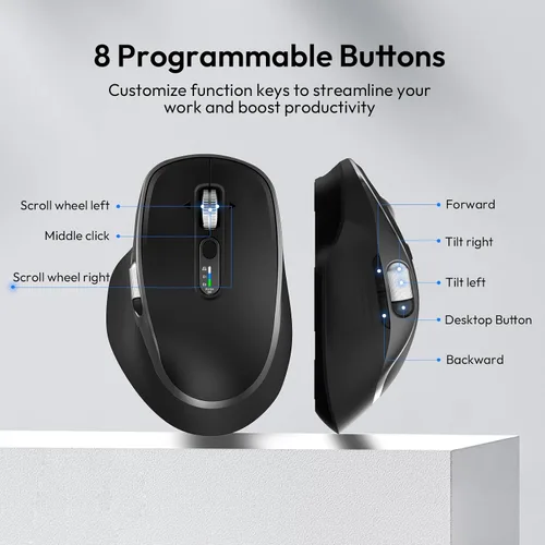 Vista 8 de Ratón inalámbrico recargable Bluetooth con 8 botones programables, negro