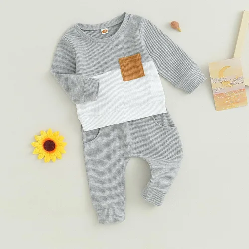 Vista 7 de Ropa de bebé niño de 0 a 3 años, sudadera con retazos de gofre, camisa y pantalones, traje de otoño e invierno