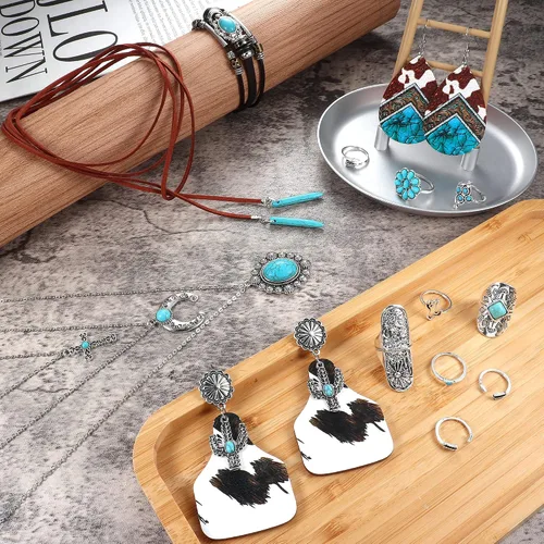Vista 5 de Helicopchain Western Jewelry For Women Bohemian Turquoise Jewelry Set Turquoise Pendant Choker Necklace Turquoise Faux Leather Cuff Bracelet
