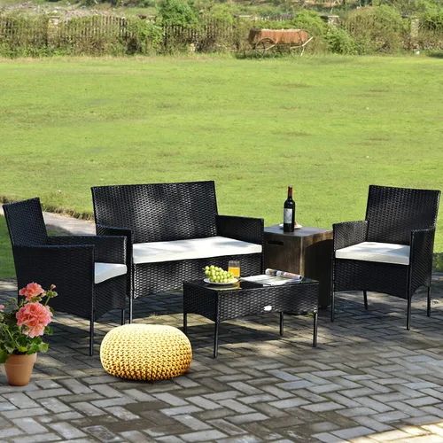 Vista 2 de Tangkula Juego de muebles de patio de 4 piezas, juego de conversación de mimbre para exteriores con mesa de centro de vidrio templado, sofá biplaza