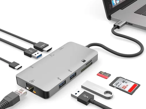 Vista 8 de Estación de acoplamiento USB C Hub 8 en 1 con HDMI 4K, 1 Gbit Ethernet, 3 puertos USB A 3.0, 1 USB-C PD/Data, SD/Micro SD para trabajo y viajes