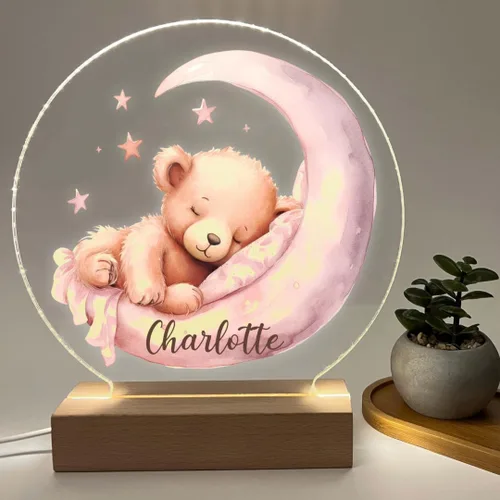 Vista 6 de Osito de peluche rosa luna y estrellas luz nocturna para habitación de niños, luz de guardería, luz personalizada para niñas, regalo para niños