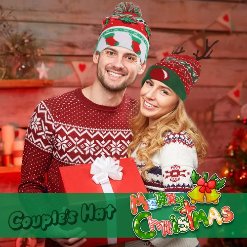 Vista 7 de HuiJuKeJi 2 Pieces Christmas Knitted Light Up Hat Santa Hat with Colorful LED Unisex Winter Beanie Sweater Cap