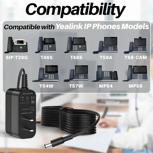 Vista 2 de Adaptador de corriente para teléfono Yealink T54W, T46U, MP54, MP56, T57W, T46S, T48U, T53W fuente de alimentación para teléfonos IP Yealink
