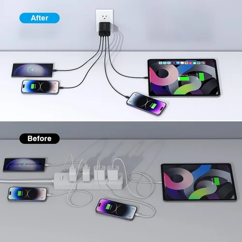 Vista 6 de [Paquete de 2/40W] Bloque de cargador de pared USB C de 4 puertos, cubo de carga rápida de ladrillo de alimentación tipo C Power Delivery, enchufe