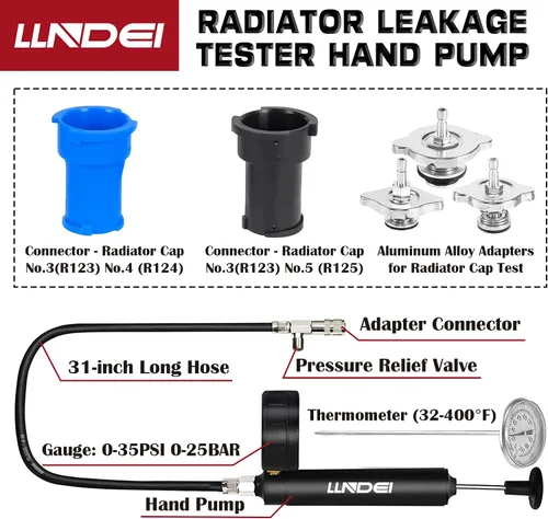 Vista 8 de LLNDEI - Kit de probador de presión del radiador de refrigerante 28 piezas, probador de presión del radiador, sistema de purga al vacío neumático