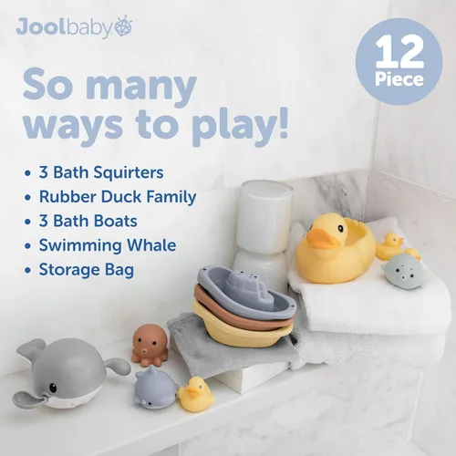 Vista 2 de Jool Baby - Juego de regalo de juguetes de baño de 12 piezas con organizador de almacenamiento de juguetes de baño Squirts, ducks, stacking boats