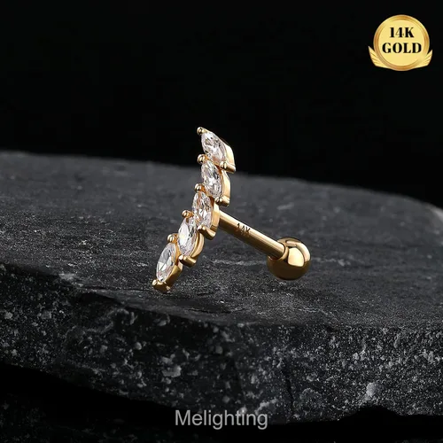 Vista 7 de Melighting Aretes de oro macizo de 14 quilates, 0.56 oz, joyería de piercing Tragus de oro transparente con circonita cúbica curvada para cartílago