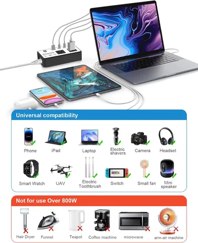 Vista 2 de Convertidor de voltaje de 200 W de EE. UU. a Europa, adaptador de corriente de viaje reductor con 4 puertos USB, 2 salidas de CA para alisador
