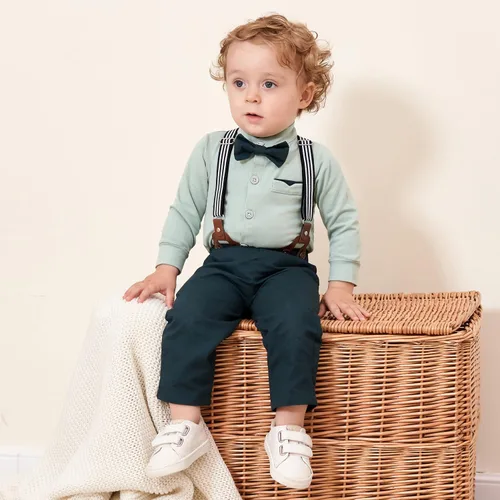 Vista 2 de SOLOYEE Ropa para bebé niño trajes de caballero para bebés, vestido de manga larga, pantalones con tirantes, corbatín, boina, sombrero de boina