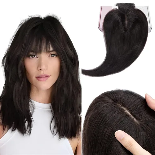 Vista 19 de Elailite Pelucas para mujeres con flequillo, cabello humano real, topper con cabello delgado, 13 cm x 7 cm, base de seda, clip en piezas de cabello