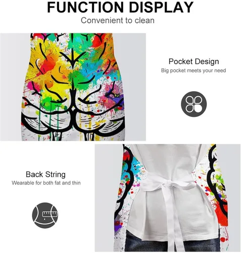 Vista 6 de MUSM Apron for Adults - 27.6 X 31.5 Inch, Heavy-Duty Polyester Aprons with Two Large Pockets, Waterproof Hand Drawn Brain Kitchen Apron for Cooking