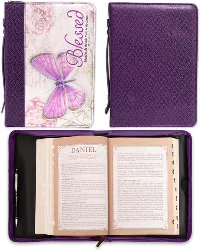 Vista 2 de Funda para Biblia con texto en inglés "Blessed", Jeremiah 17:7, con mariposa, color morado