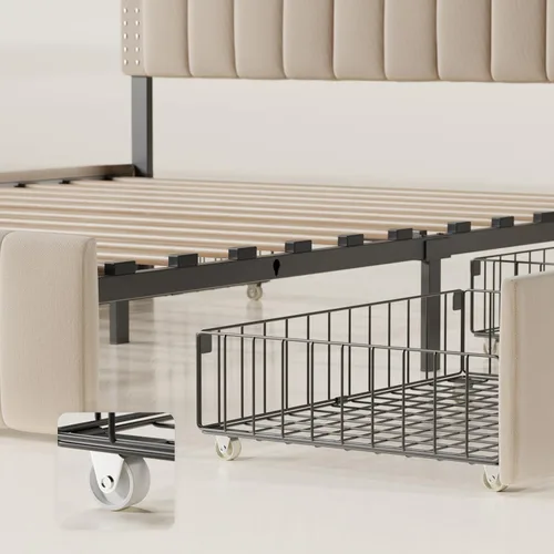 Vista 3 de Gizoon Base de cama matrimonial tapizada con 4 cajones de almacenamiento, cabecera ajustable, sin ruido, soporte de listones de madera, se adapta a