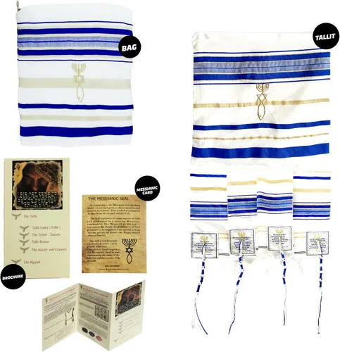 Vista 9 de Holy Land Market Mantón mesiánico de oración Tallit azul reydorado con bolsa, tarjeta y folleto a juego de Israel