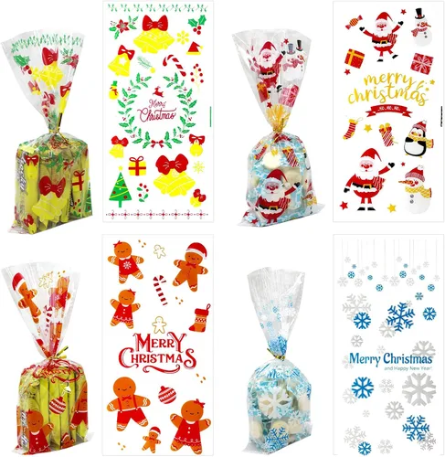 Vista 2 de ZMCINER 120 bolsas de dulces de celofán de Navidad, bolsas de regalo de Navidad con lazos giratorios para suministros de fiesta de Navidad