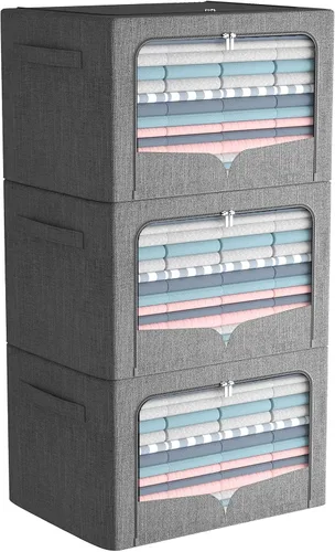 Vista 8 de FHSQX Paquete de 3 contenedores de almacenamiento de ropa plegables con marco de metal, caja de almacenamiento apilable, organizador de tela de lino