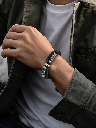 Vista 2 de FaithHeart Pulsera vikinga para hombre, pulsera de cuero trenzado de doble fila con cierre de acero inoxidable, brújula vikinga, pulsera vintage
