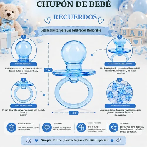 Vista 3 de Chupete de bebé de 2.5 pulgadas para decoración de baby shower (azul, 36 unidades)