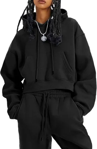 Vista 19 de COZYPOIN Conjunto de 2 piezas de forro polar para mujer, sudadera corta y pantalones con capucha Beige