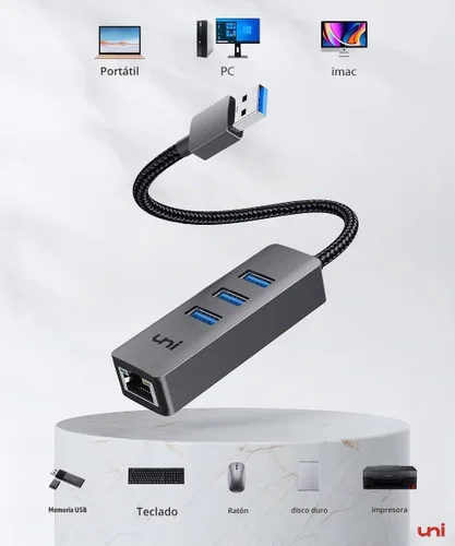 Vista 6 de uni Adaptador USB a Ethernet, concentrador USB 3.0 con 100/1000 Mbps RJ45 Ethernet sin controlador, resistente adaptador de red USB-A a LAN
